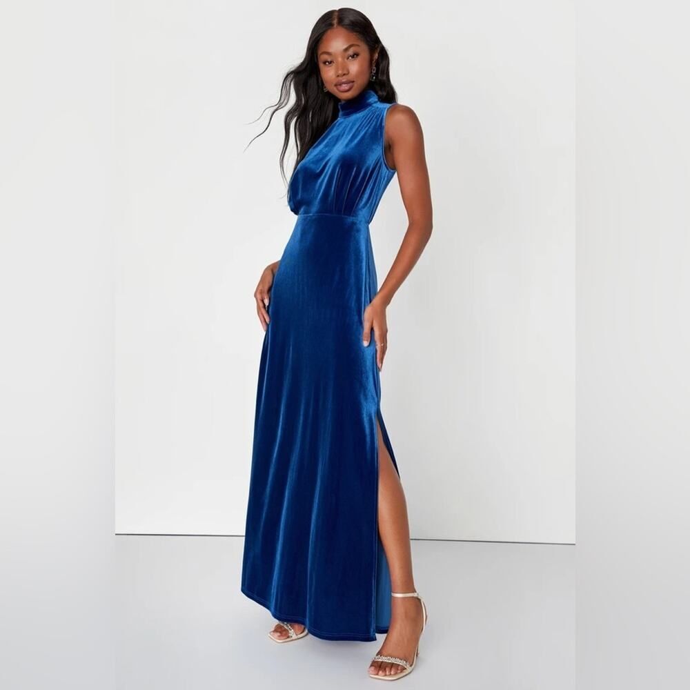 Lulus Classic Elegance Blue Velvet Sleeveless Mock Neck Maxi Dress